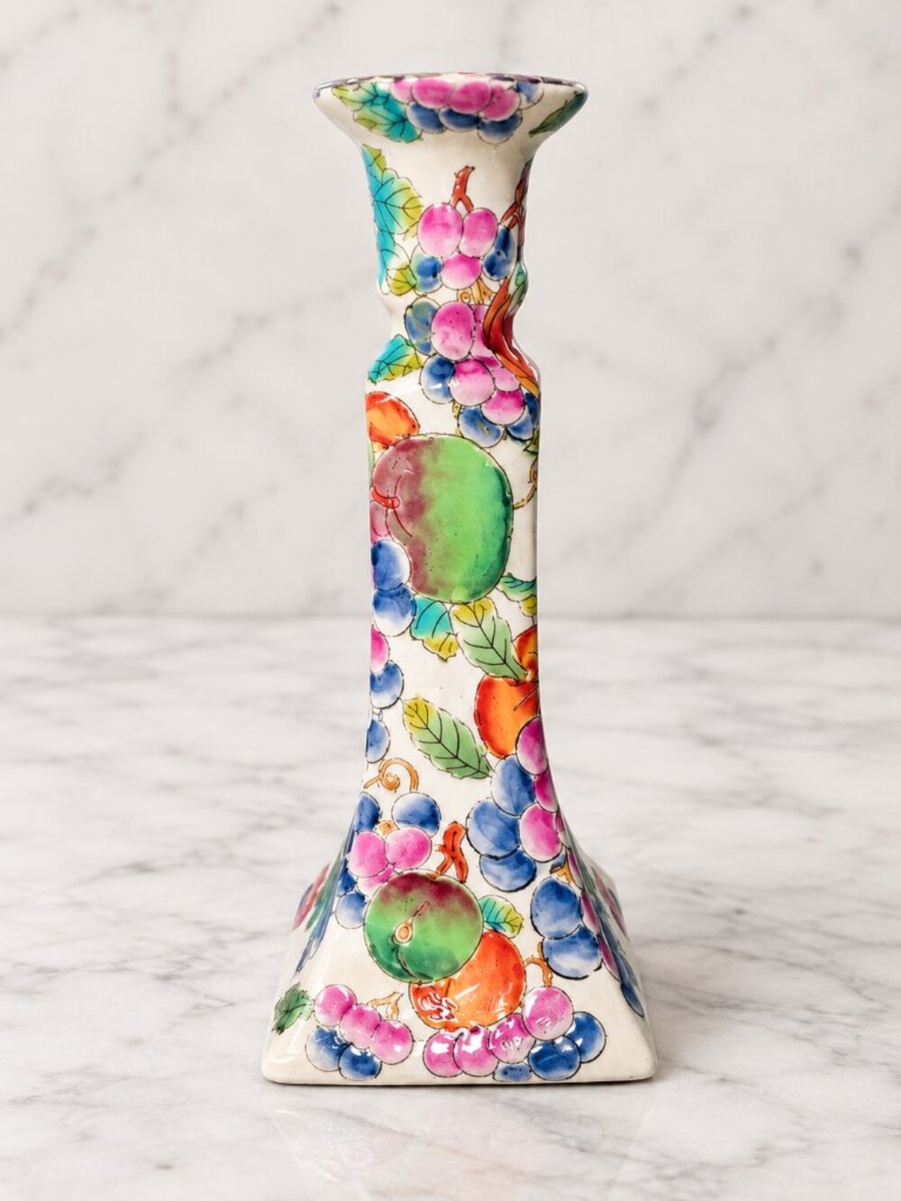 Vintage Hand-Painted Chinese Ceramic Candlestick Holder Fruit Floral Pattern